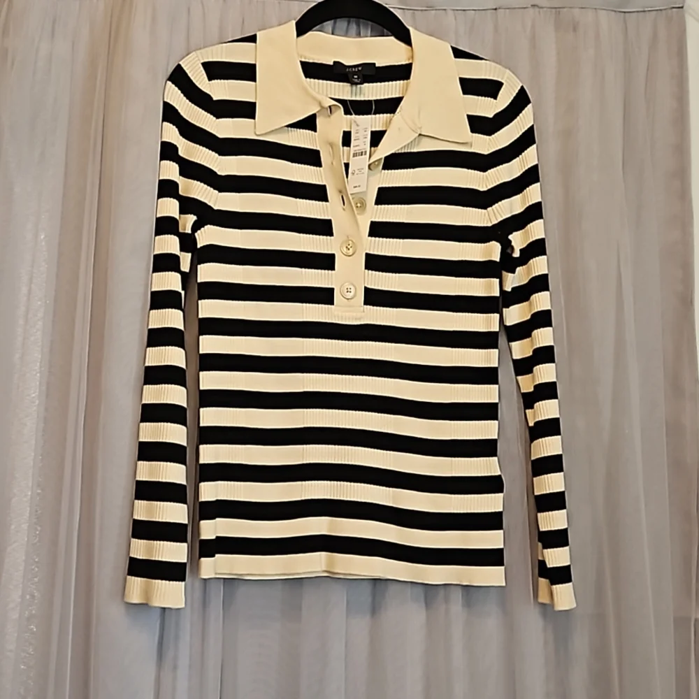 J. Crew Black and Cream Striped Ribbed Polo Sweater
